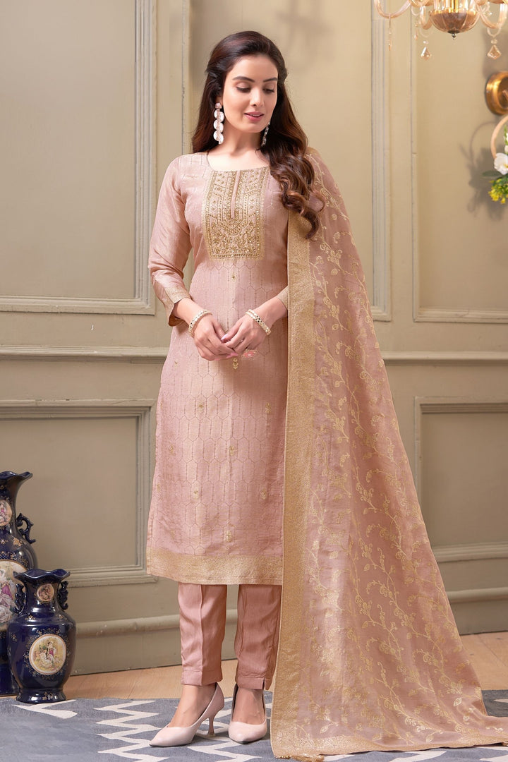 Light Pink Sequins and Zardozi work with Banaras Zari Weaving Straight Cut Salwar Suit