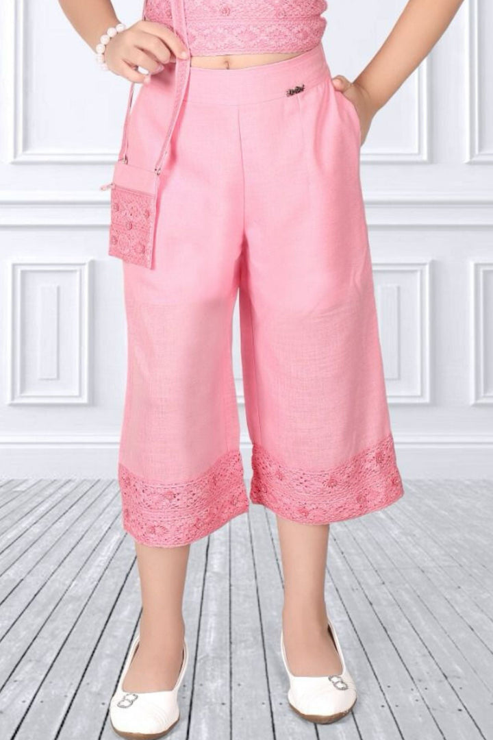 Pink Lace work Culottes Set for Girls with Matching Bag