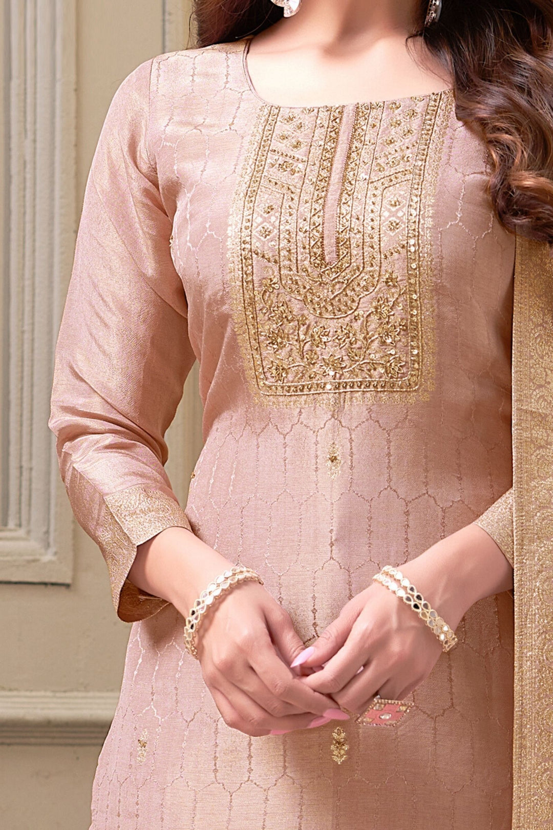 Light Pink Sequins and Zardozi work with Banaras Zari Weaving Straight Cut Salwar Suit
