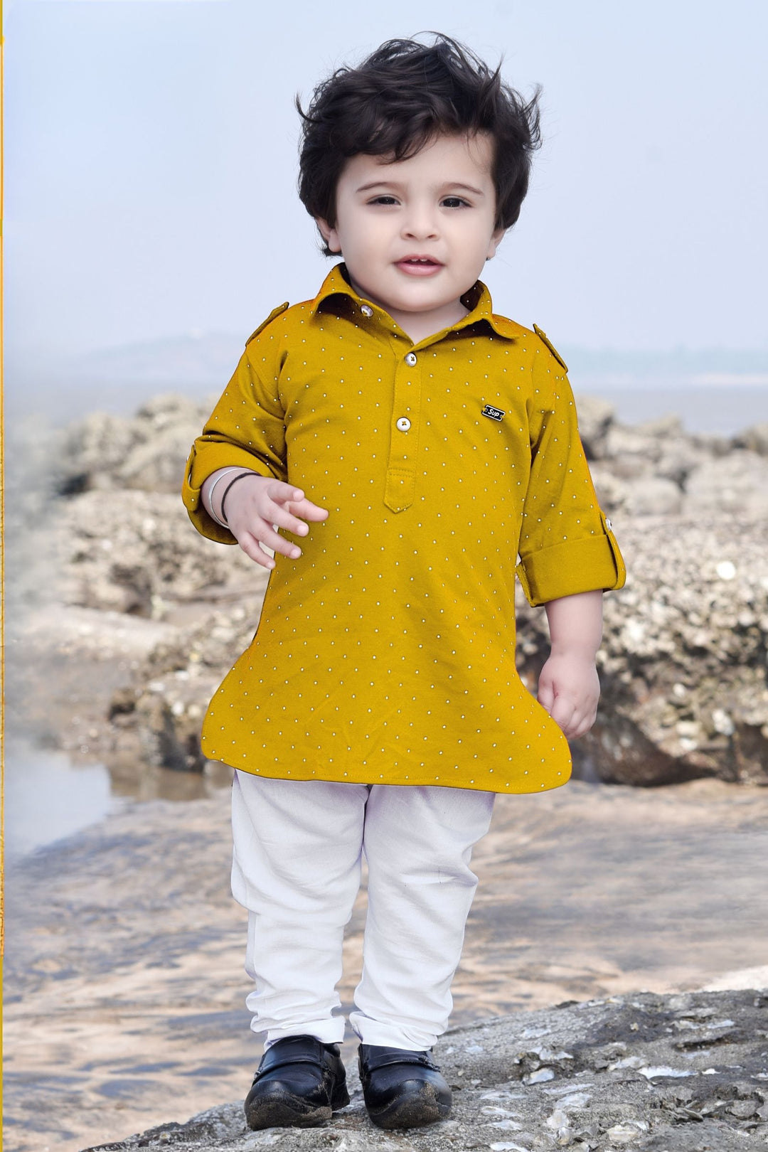 Yellow with White Pathani Suit Set for Boys