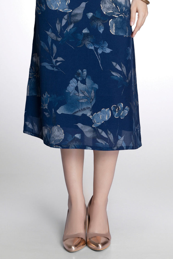 Navy Blue Mirror work with Floral Print Calf Length Kurti