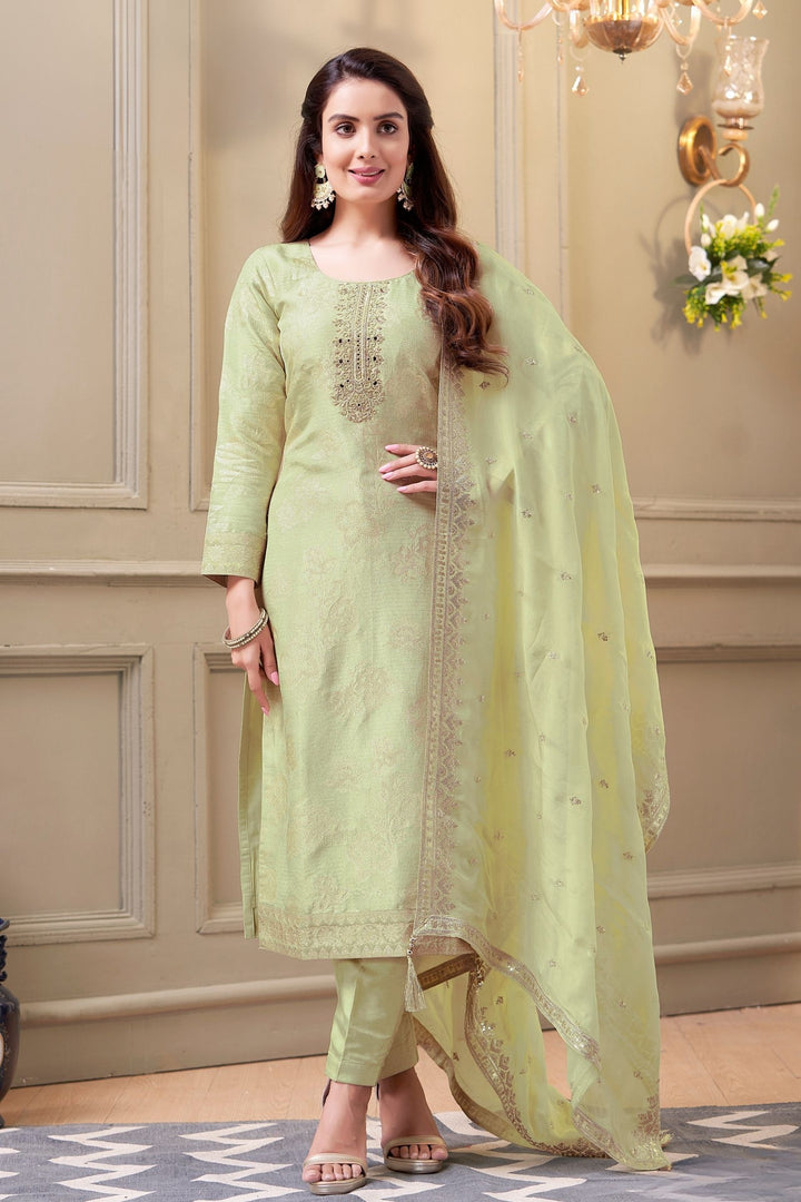 Pista Green Mirror and Sequins work with Banaras Zari Weaving Straight Cut Salwar Suit