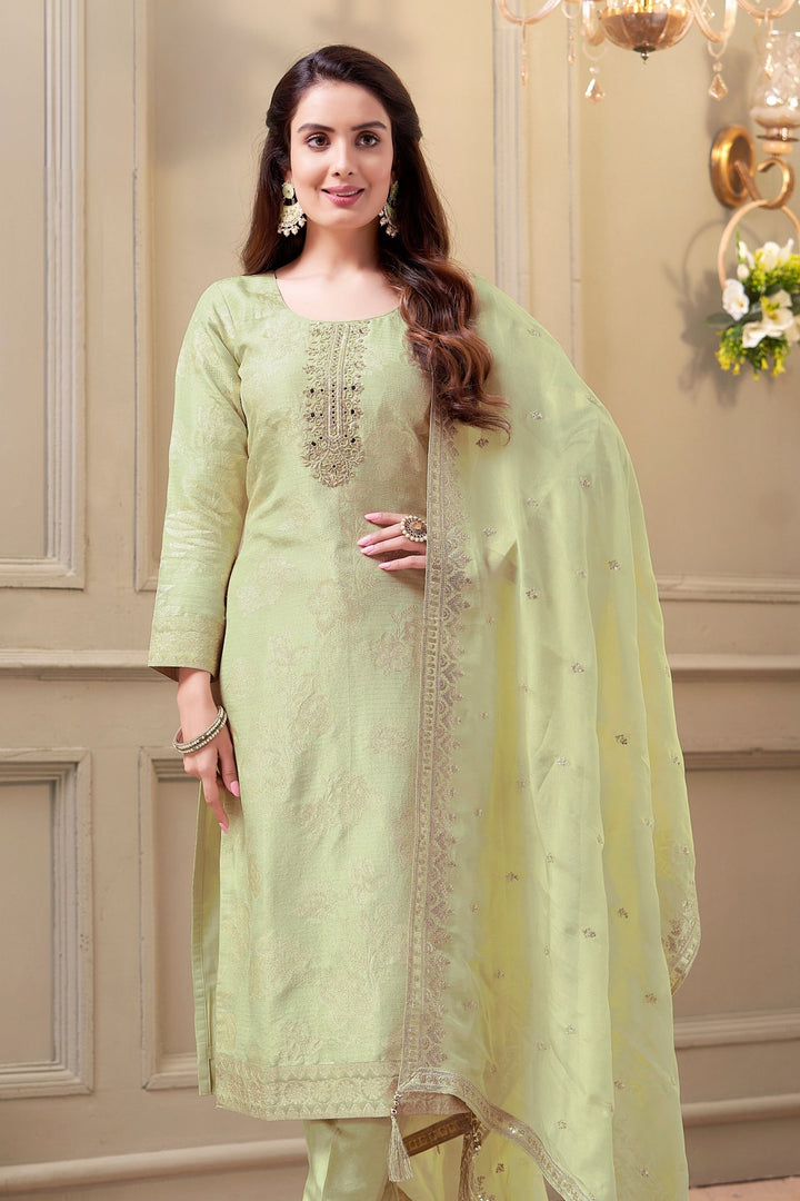 Pista Green Mirror and Sequins work with Banaras Zari Weaving Straight Cut Salwar Suit