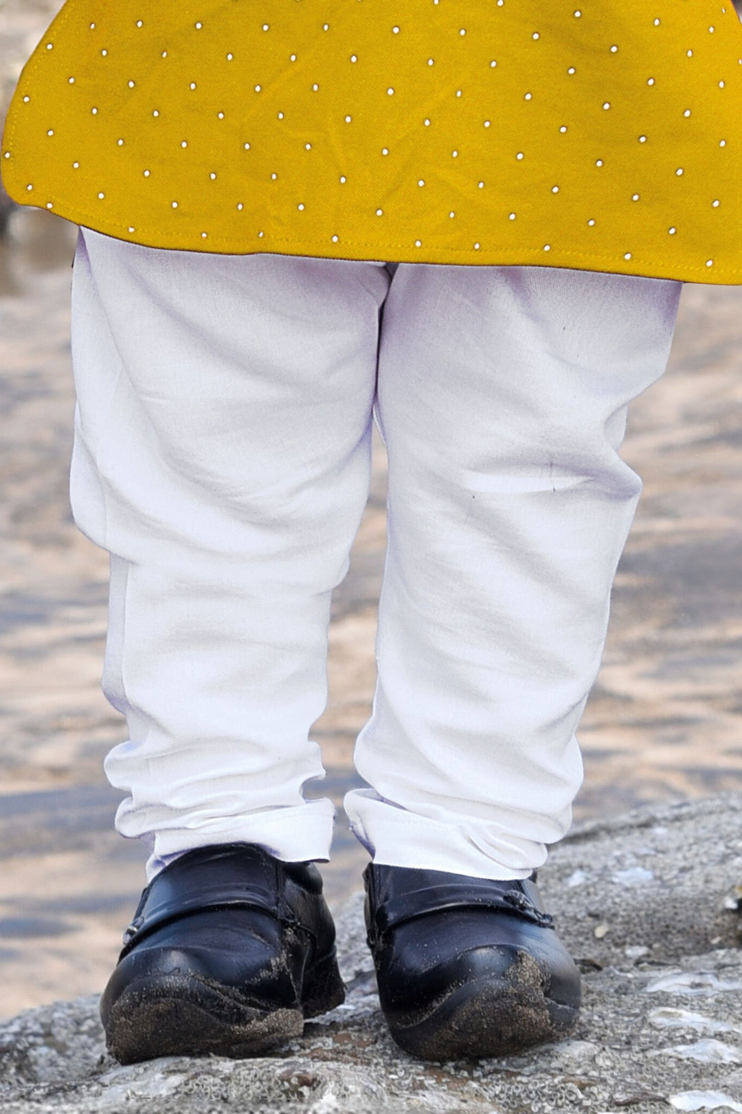 Yellow with White Pathani Suit Set for Boys