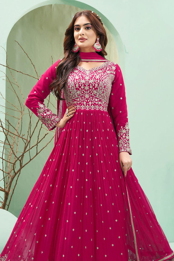 Rani Pink Zari, Stone and Sequins work Floor Length Anarkali Suit - Seasons Chennai