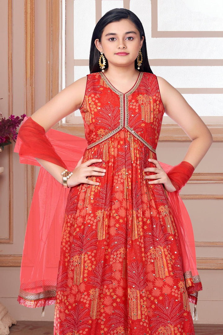 Orange Zari and Sequins work with Digital Print Palazzo Suit Set for Girls - Seasons Chennai