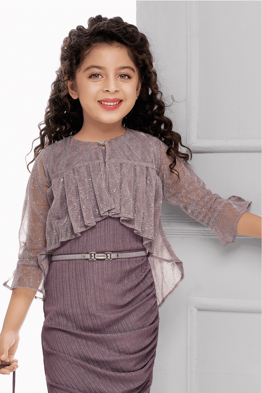 Lilac Glitter work Overcoat Styled Short Frock For Girls with Belt and Bag - Seasons Chennai
