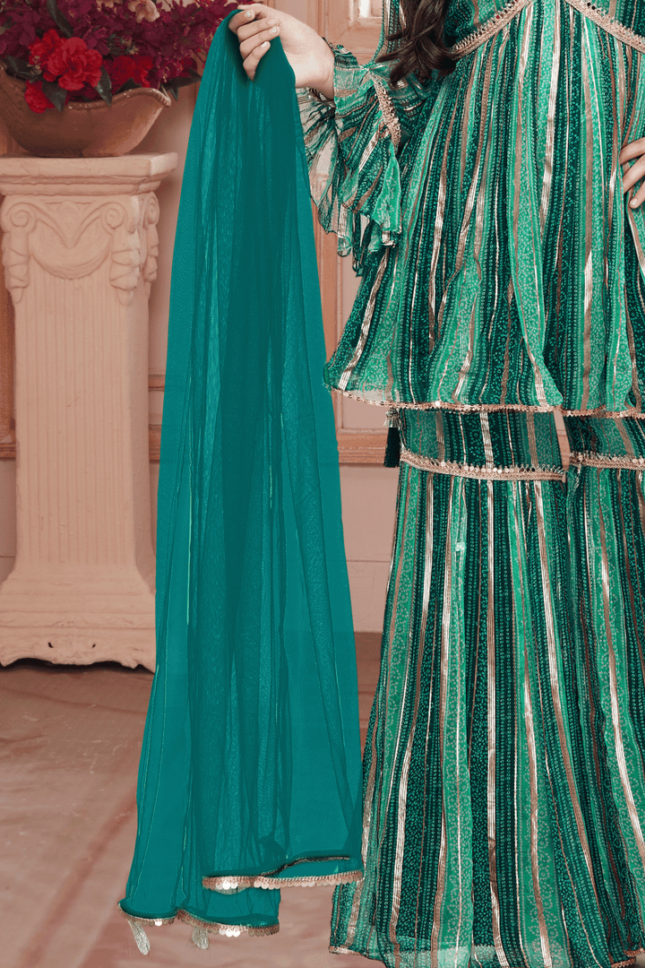 Green Bandini Print, Zari and Mirror work Peplum Style Sharara Suit Set for Girls - Seasons Chennai