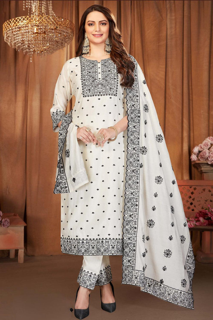 White with Black Embroidery and Sequins work Straight Cut Salwar Suit - Seasons Chennai