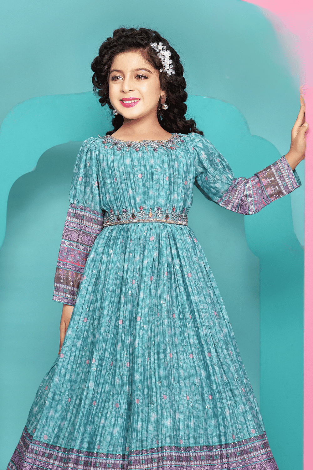 Blue Digital Print, Stone, Mirror, Zardozi, Sequins and Thread work Long Party Gown for Girls - Seasons Chennai