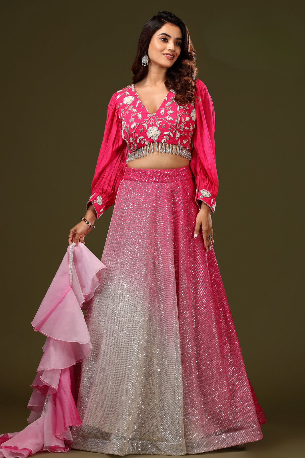 Pink with Cream Shaded Beads, Thread and Sequins work Crop Top Lehenga