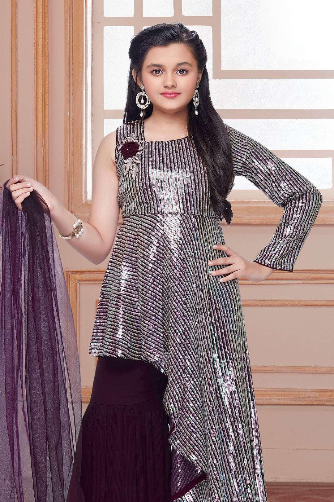 Wine Sequins and Stone work Sharara Suit Set for Girls