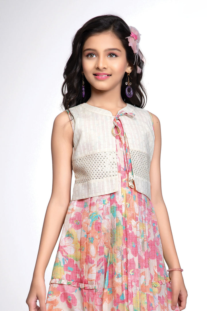 Cream with Multicolor Print, Thread and Sequins work Knee Length Casual Frock for Girls