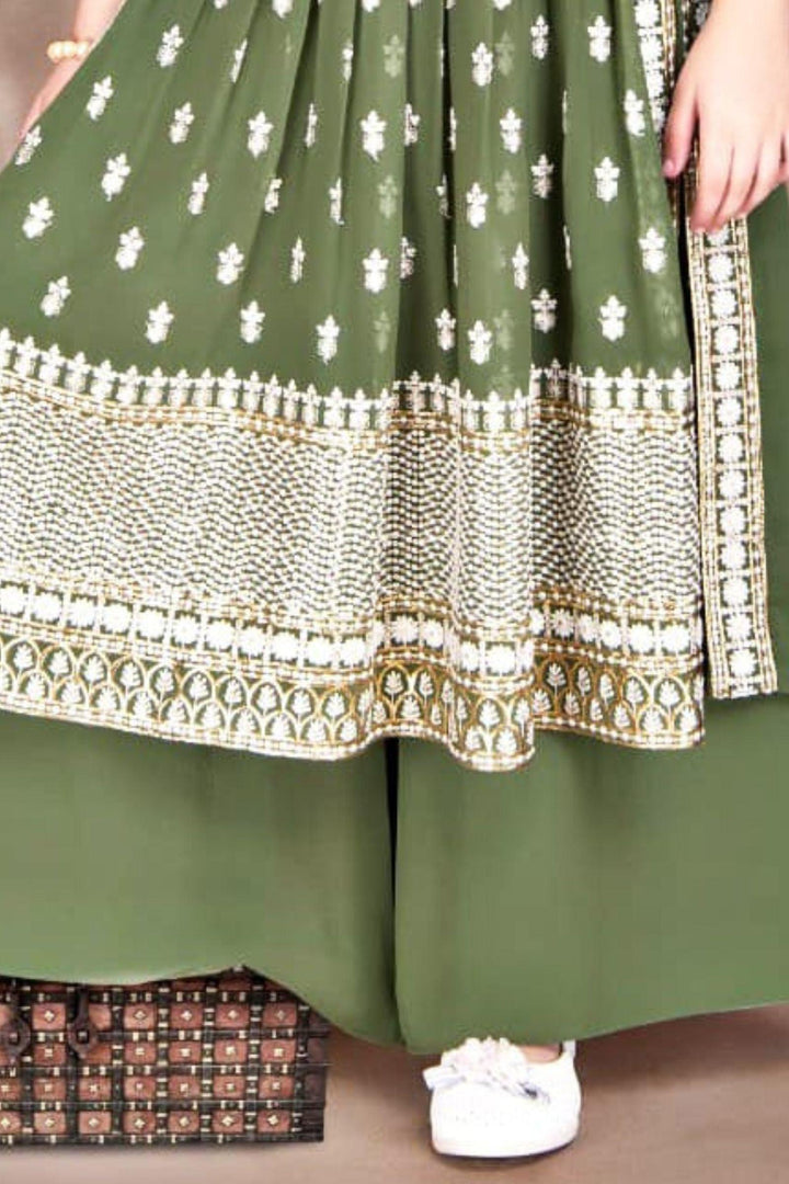 Green Thread, Zari and Sequins work for Girls Palazzo Suit Set - Seasons Chennai