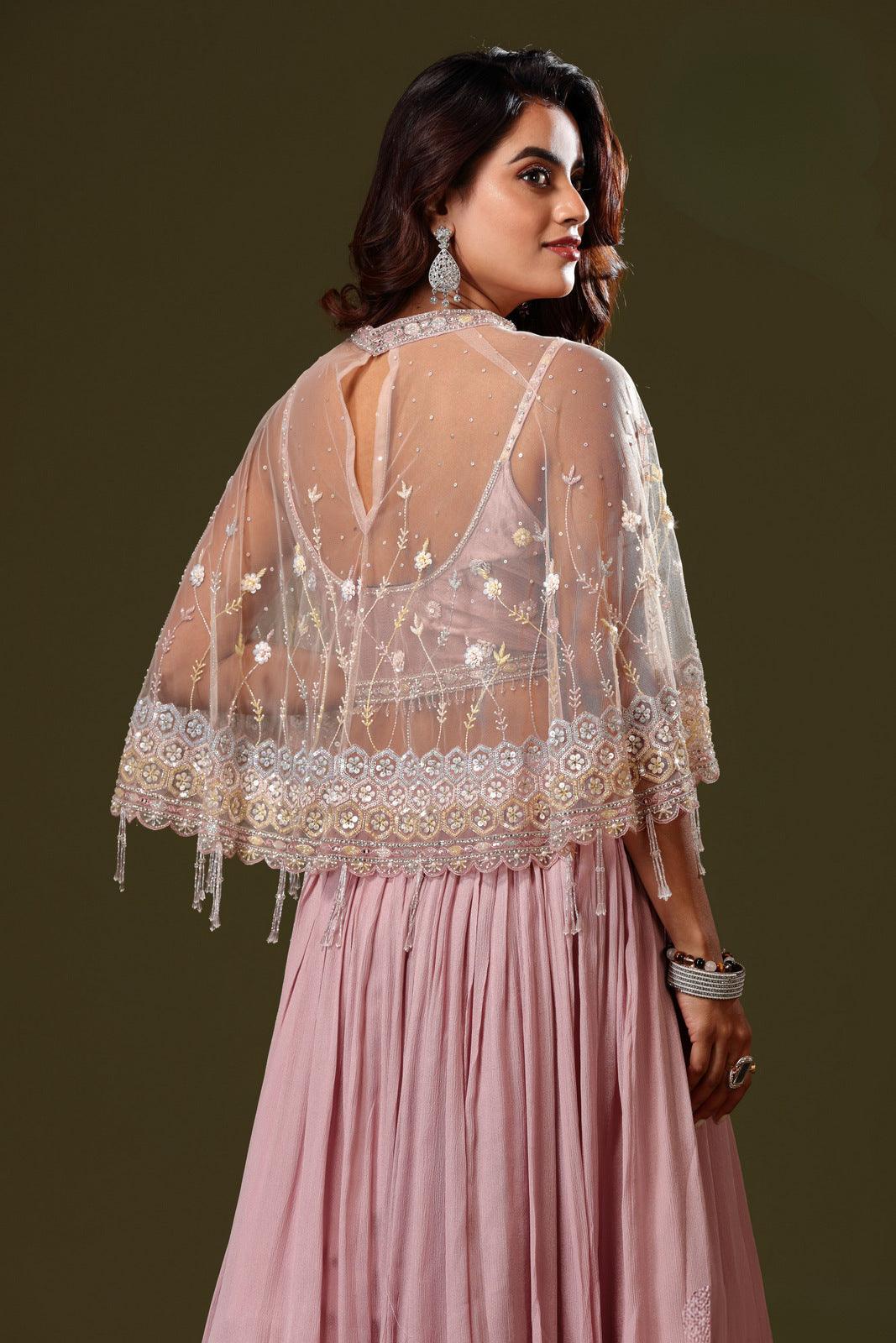 Onion Pink with Poncho Sequins and Beads work Indo-Western Styled Crop Top Lehenga - Seasons Chennai