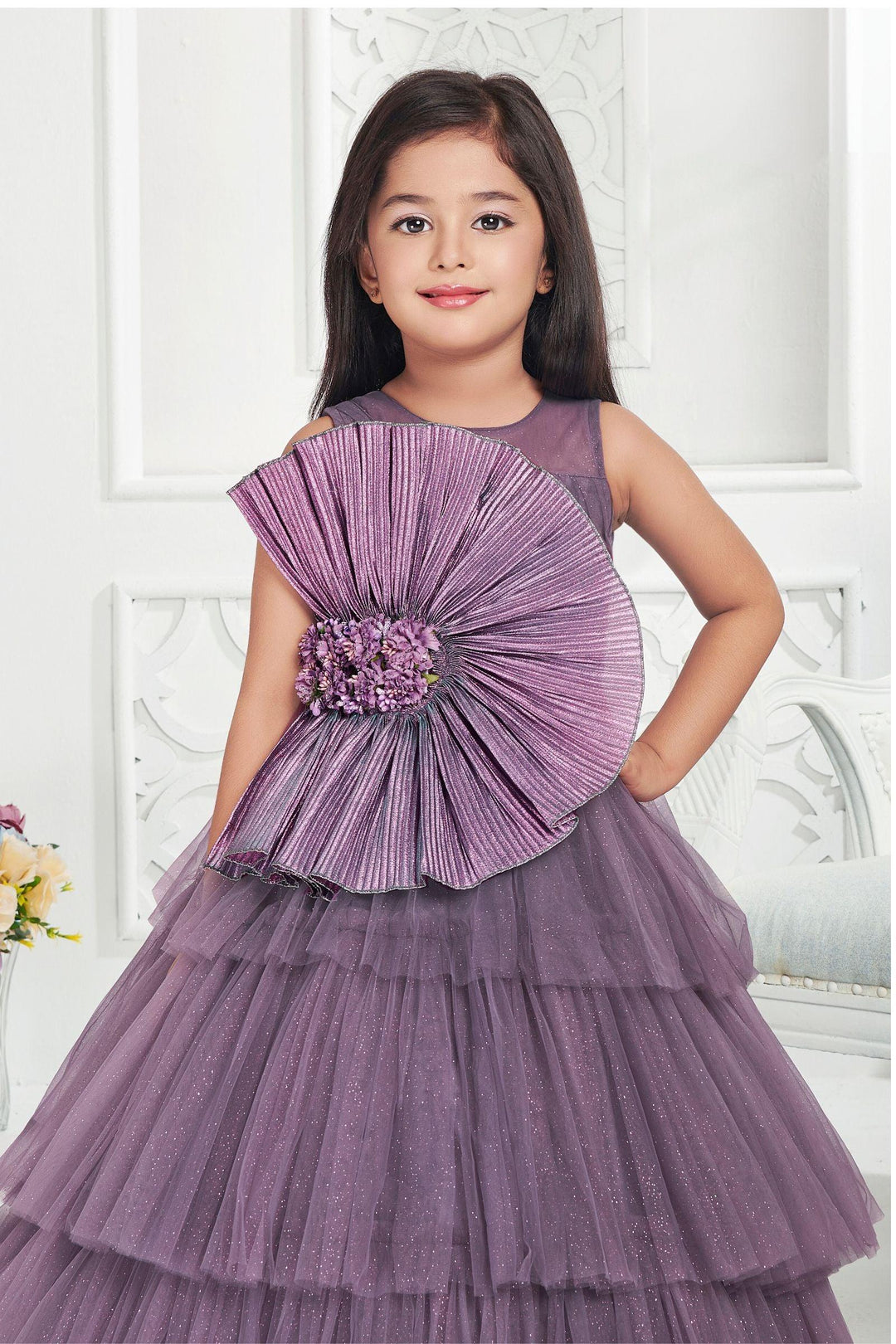 Lilac Netted and Glitter work Long Party Frock for Girls - Seasons Chennai