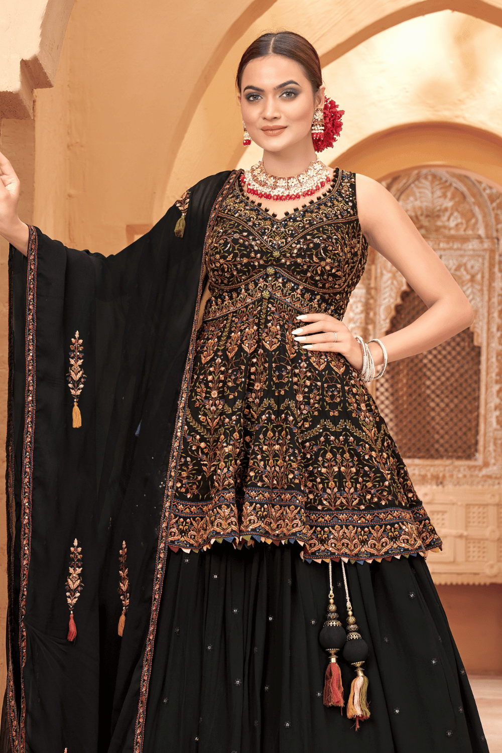 Black Multicolor Thread, Sequins and Beads work Peplum Style Lehenga - Seasons Chennai