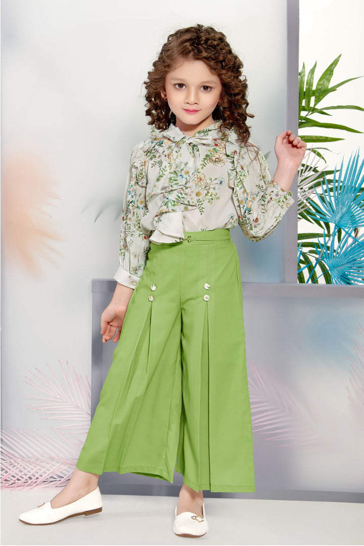 Half White Floral Print Top with Pista Green Culottes for Girls