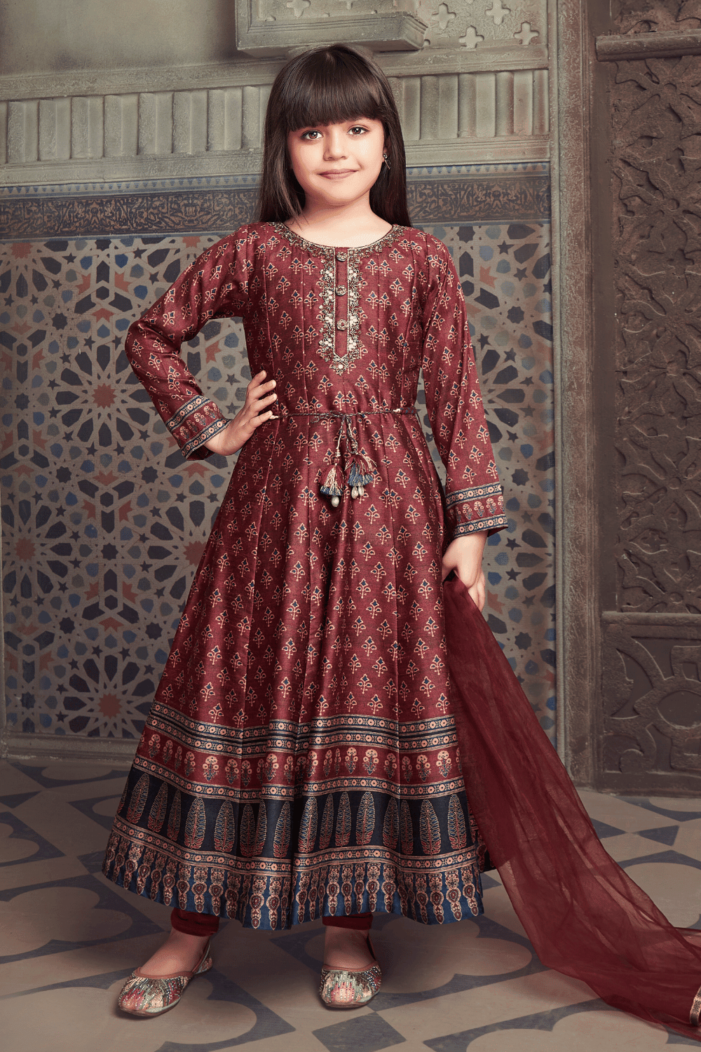 Maroon Digital Print, Sequins, Beads and Zardozi work Anarkali Style Salwar Suit for Girls - Seasons Chennai