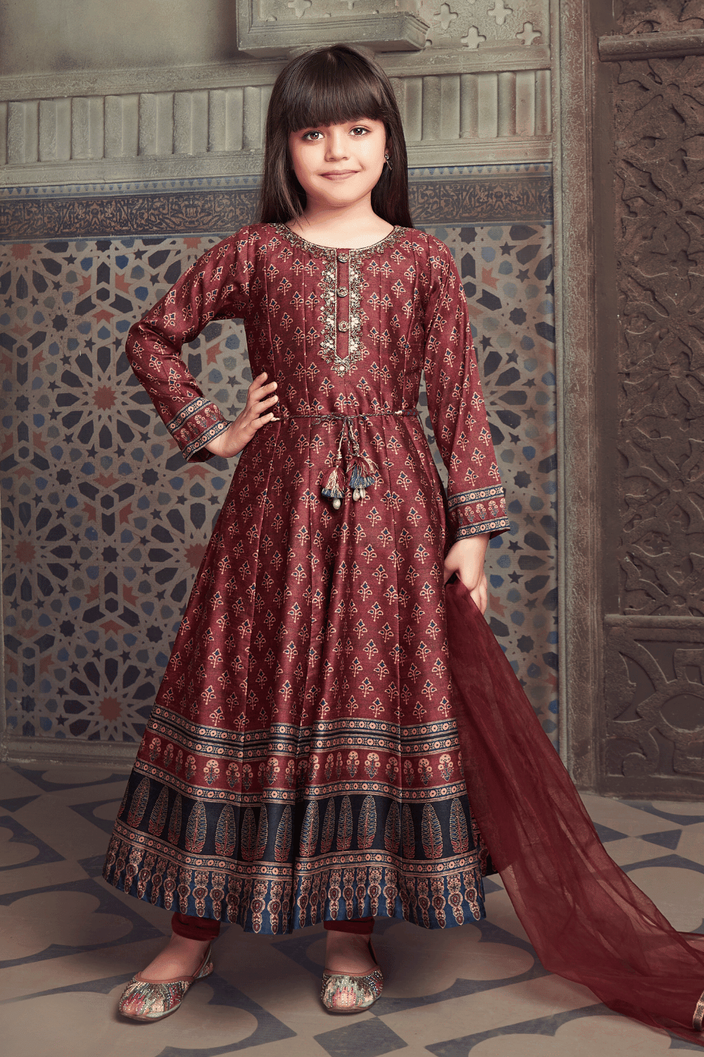 Maroon Digital Print Sequins Beads and Zardozi work Anarkali