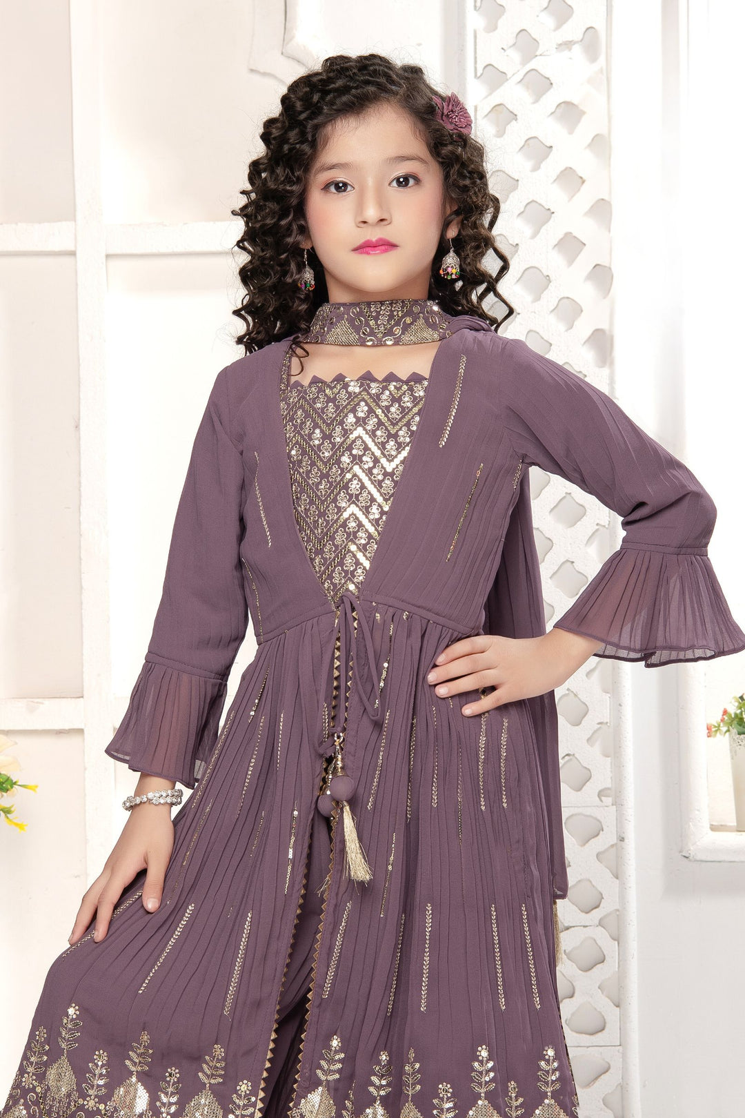 Lilac Sequins and Zari work Overcoat Styled Palazzo Set For Girls