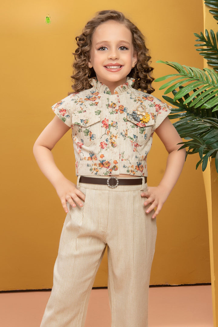 Fawn Floral Print Culottes Set for Girls with Belt