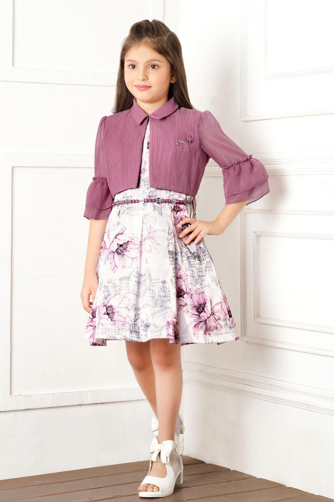 Wine with Half White HD Print Jacket Styled Partywear Short Frock For Girls - Seasons Chennai
