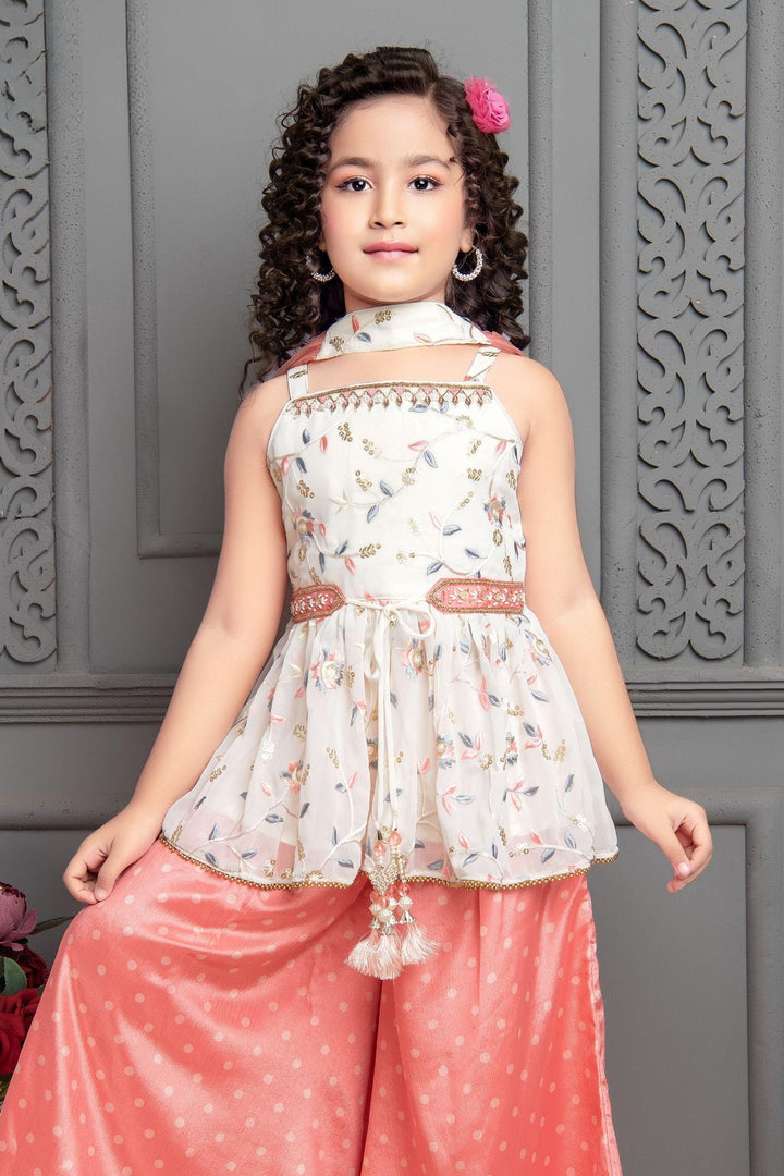 Cream with Peach Embroidery and Sequins work Peplum Top and Palazzo Set for Girls - Seasons Chennai