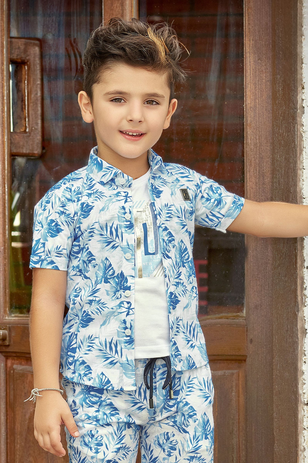 Sky Blue Printed with White Co-Ord Set for Boys