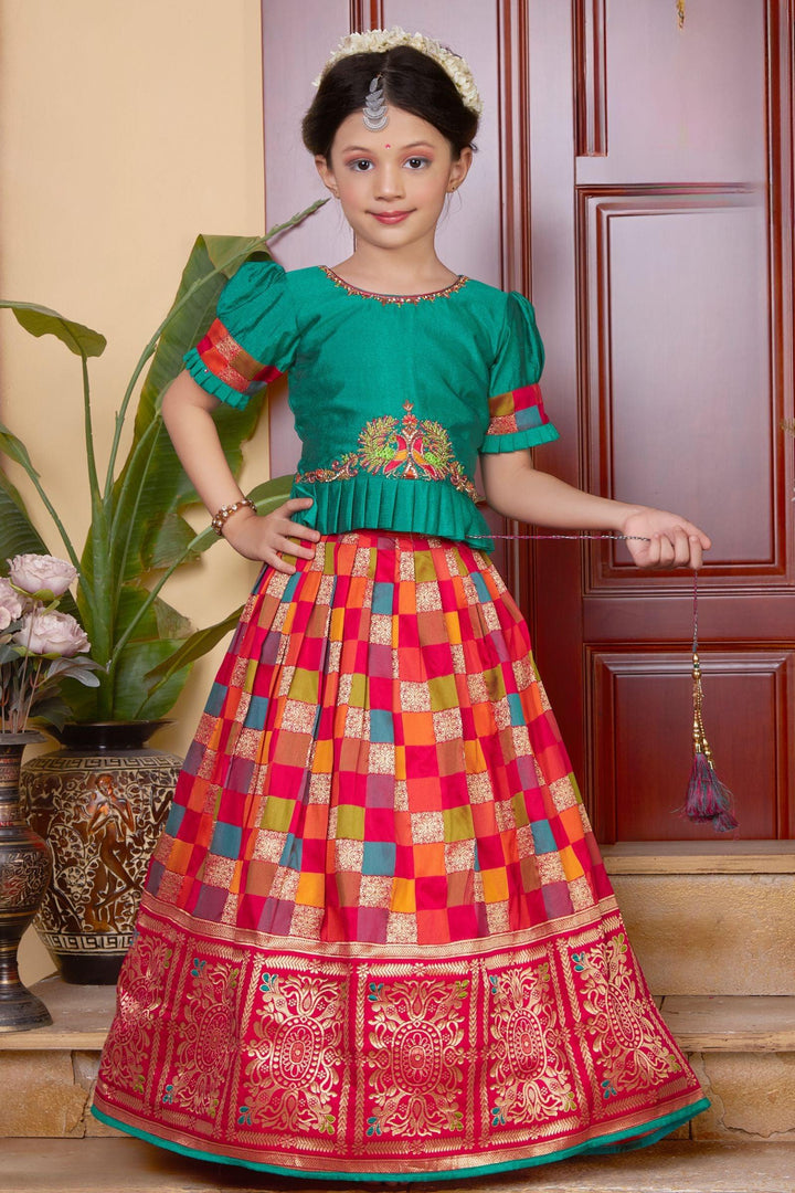 Green with Multicolor Banaras, Pearl, Beads and Zardozi work Lehenga Choli for Girls - Seasons Chennai