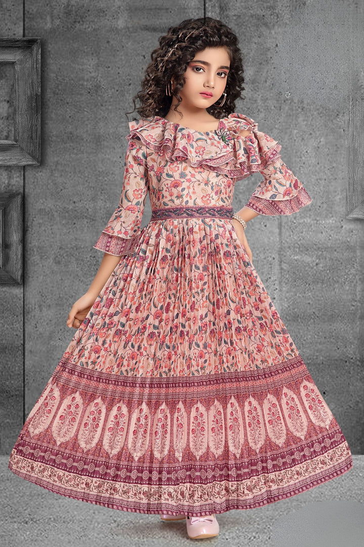 Peach with Multicolor Digital Print Long Gown for Girls