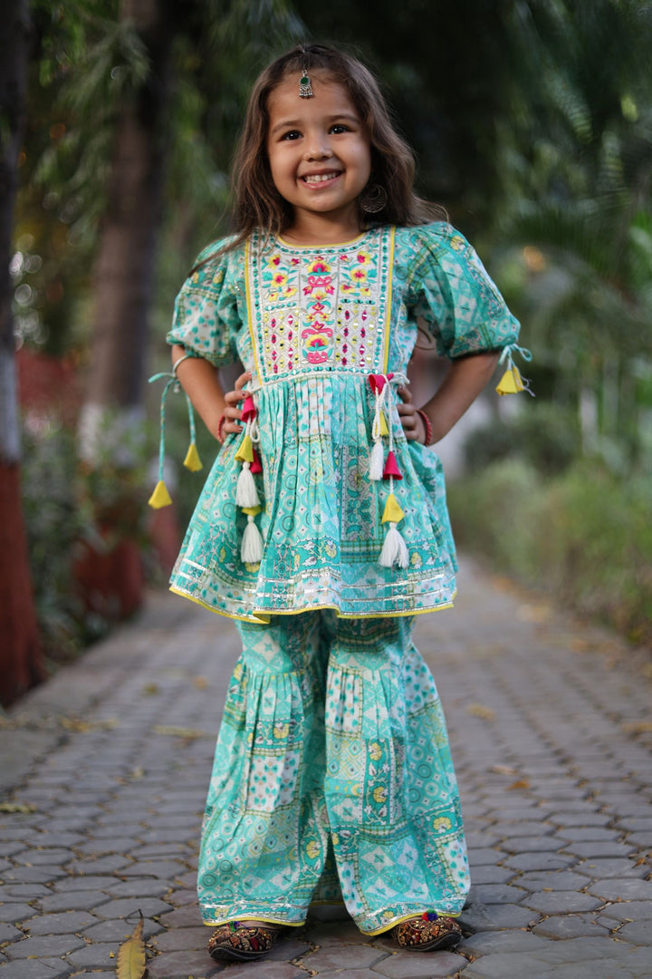 Green Embroidery and Mirror work with Digital Print Peplum Top and Sharara Set for Girls