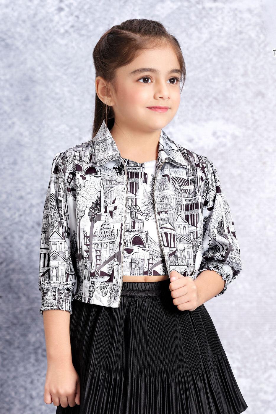 White with Black HD Print Top and Overcoat with Divider Skirt for Girls - Seasons Chennai