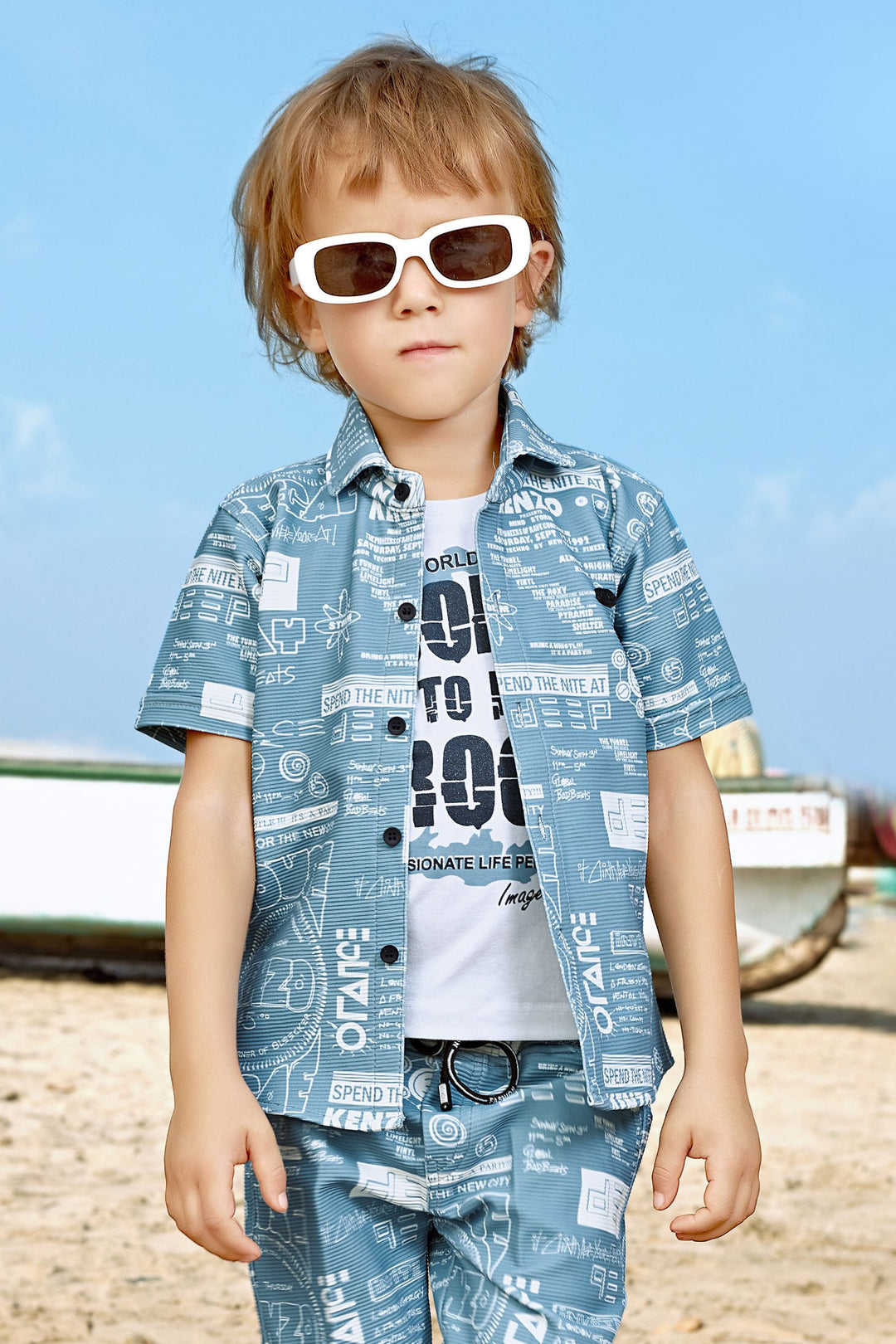 Blue with White Printed Co-ord Set for Boys