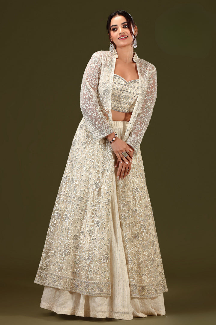 Cream Stone, Mirror and Embroidery work Long Overcoat Styled Crop Top Lehenga