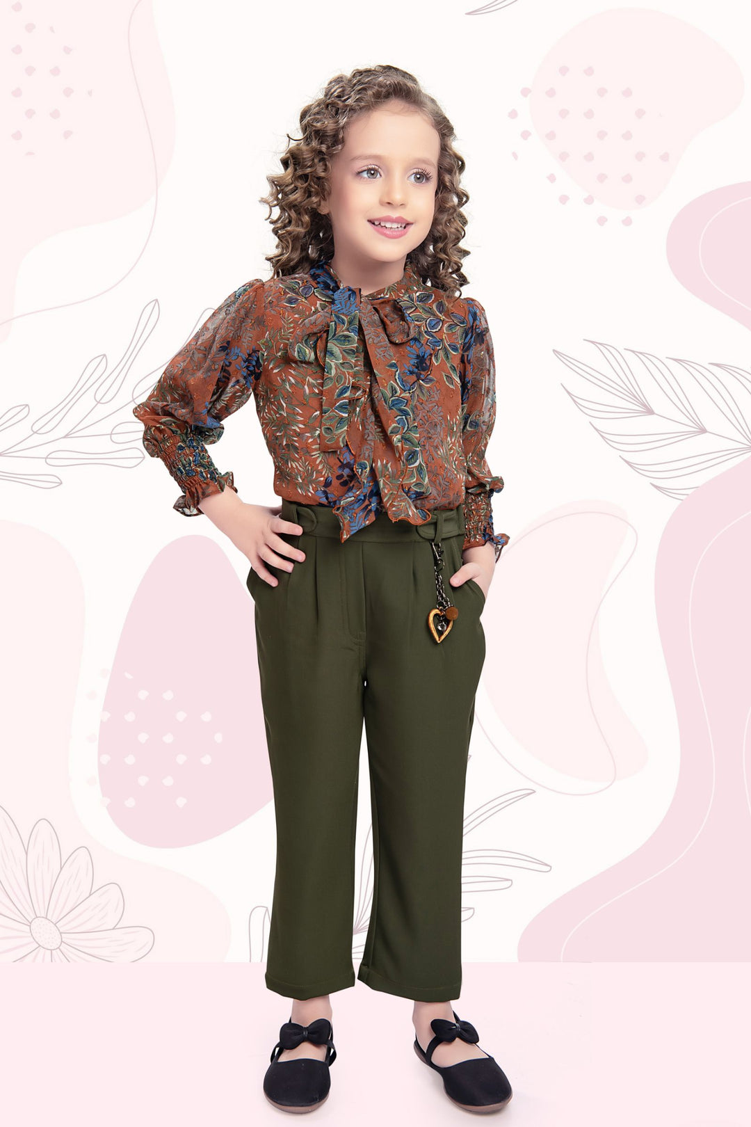 Green with Rust Digital Print Culottes Set for Girls