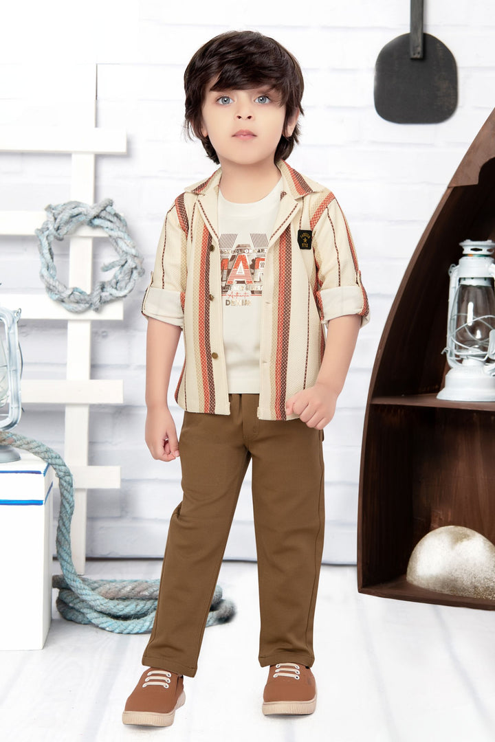 Cream with Fawn Printed Blazer, T-Shirt and Brown Pant Set for Boys