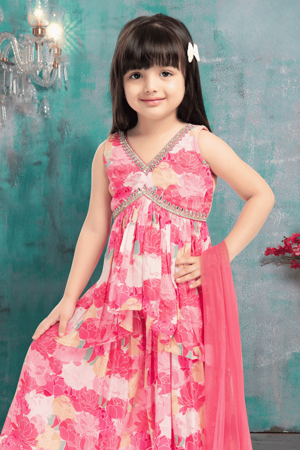 Pink Digital Print, Stone, Zardozi, Mirror and Thread work Peplum Top and Sharara Set for Girls - Seasons Chennai