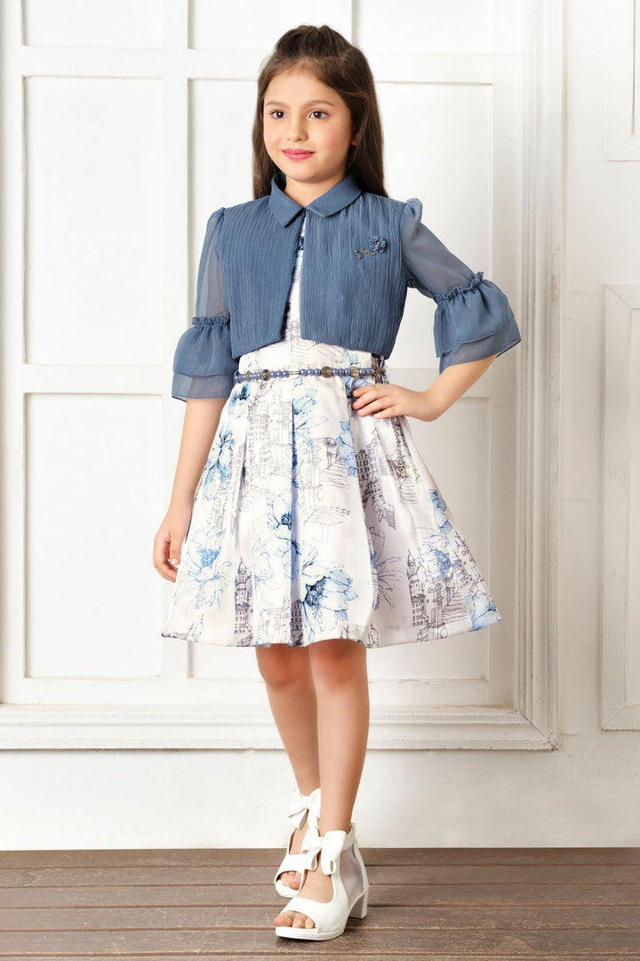 Blue with Half White HD Print Jacket Styled Partywear Short Frock For Girls - Seasons Chennai