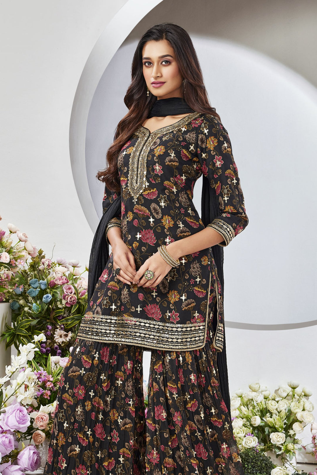 Black Sequins, Beads and Zari work with Floral Print Sharara Salwar Suit