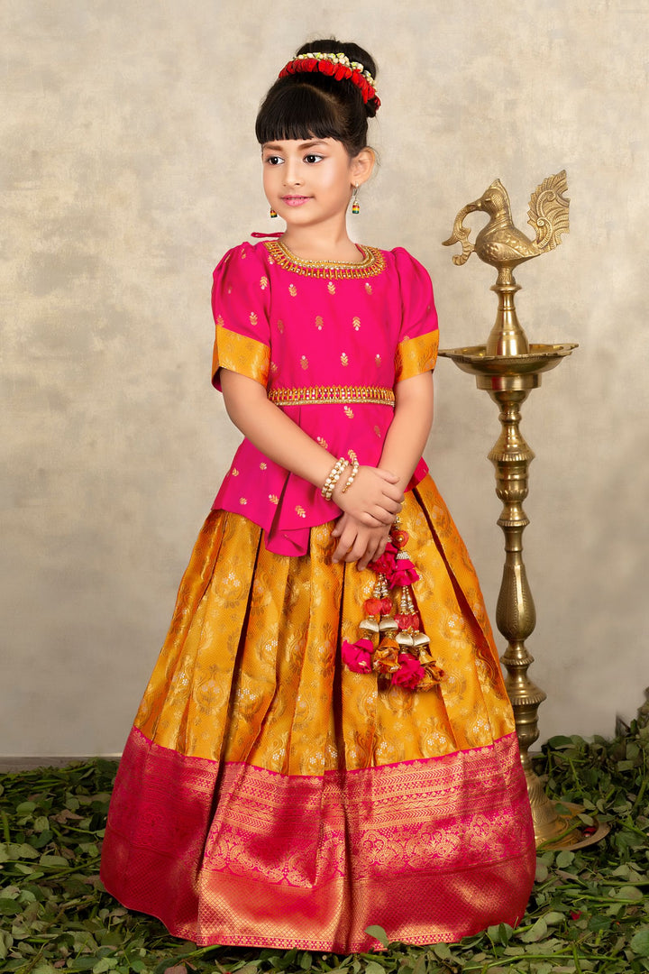 Pink with Yellow Banaras, Zari, Stone and Thread work Lehenga Choli for Girls