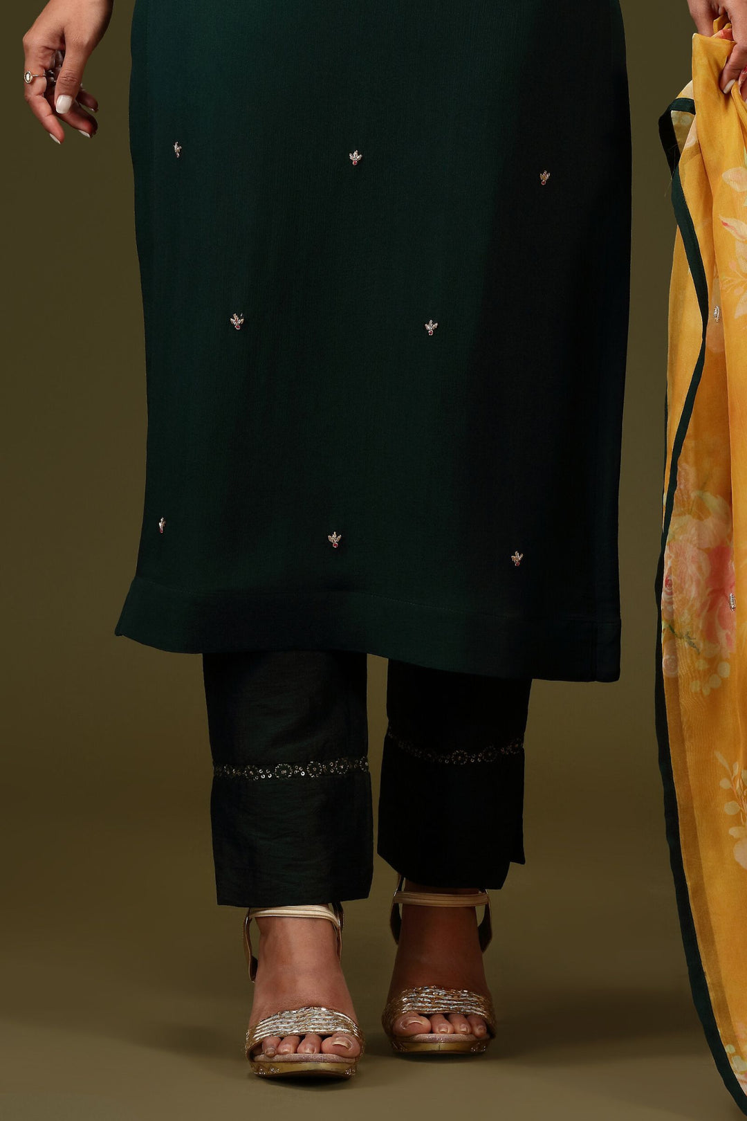 Bottle Green Beads, Zardozi and Sequins work Straight Cut Salwar Suit