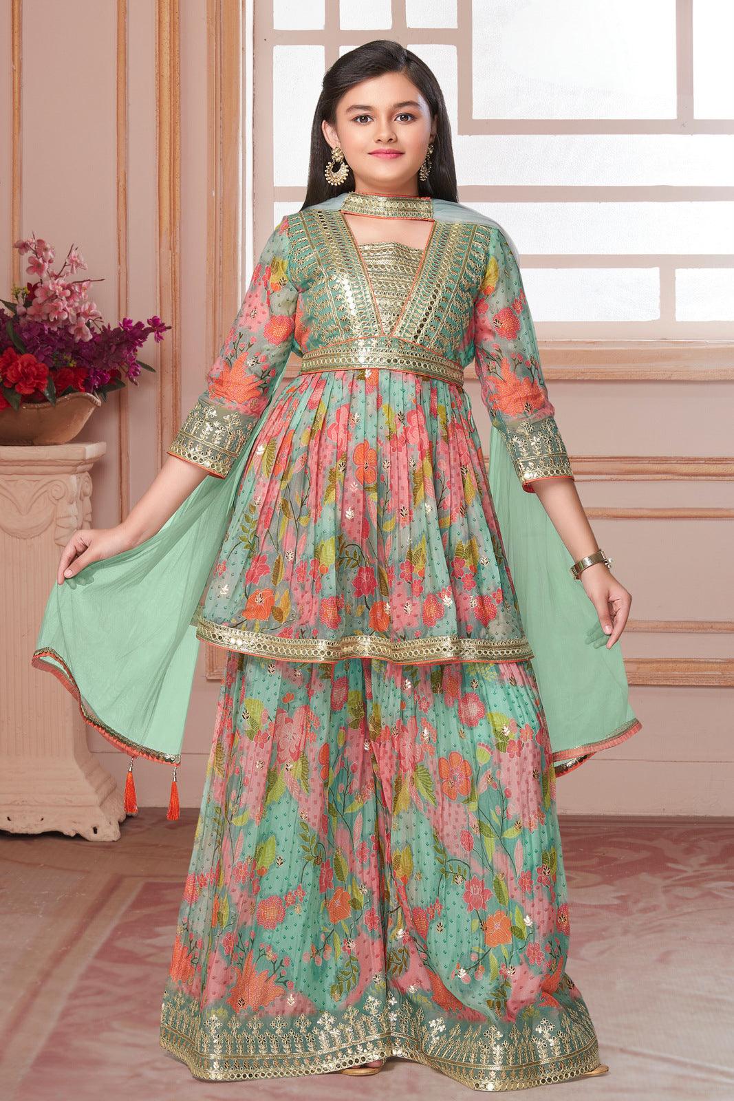 Green Floral Print, Sequins and Zari work Peplum Style Palazzo Suit Set for Girls - Seasons Chennai