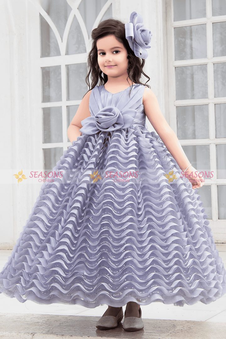 Lilac Satin with Netted and Sequins work Long Party Frock for Girls - Seasons Chennai