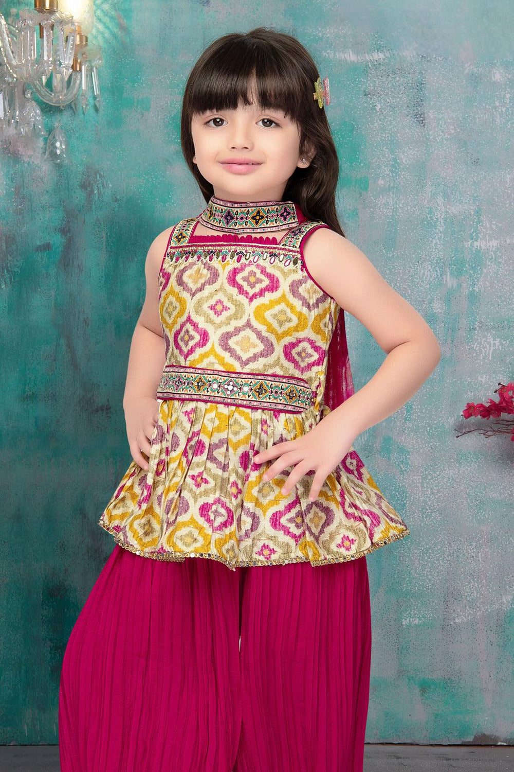 Rani Pink with Multicolor Digital Print and Mirror work Peplum Top and Afghani Set for Girls - Seasons Chennai