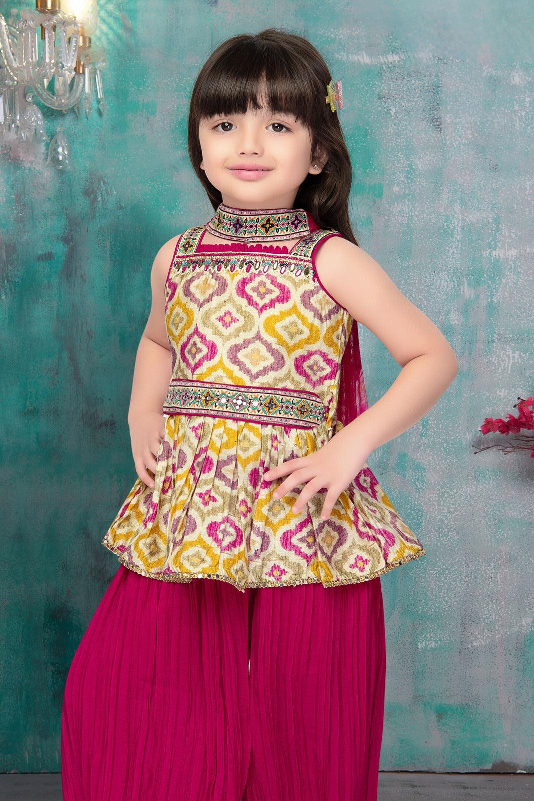 Rani Pink with Multicolor Digital Print and Mirror work Peplum Top and Afghani Set for Girls - Seasons Chennai