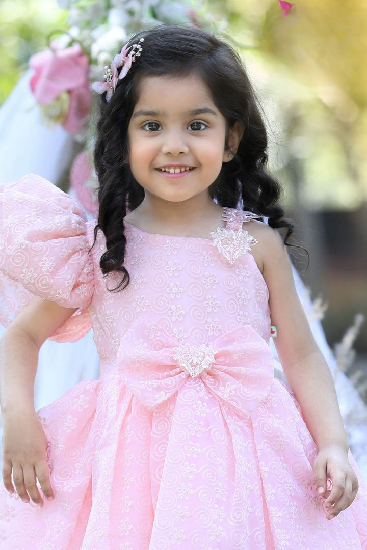 Peach Embroidery and Sequins work Short Frock for Girls