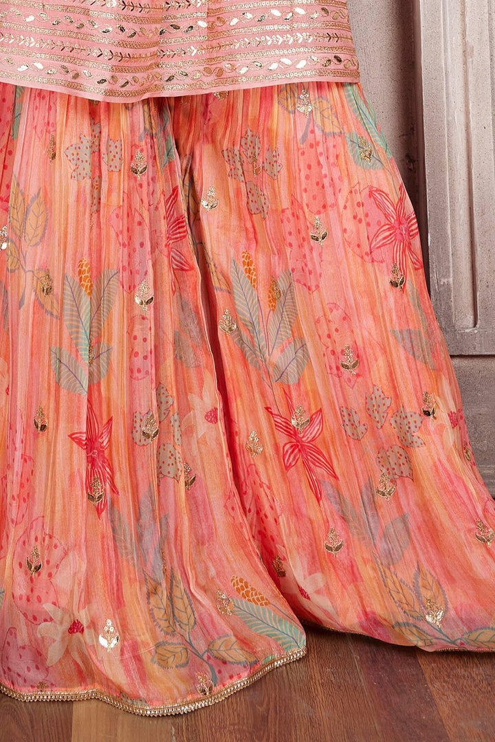 Peach Zari and Sequins work with Digital Print Alia Cut Peplum Top and Sharara Set for Girls - Seasons Chennai