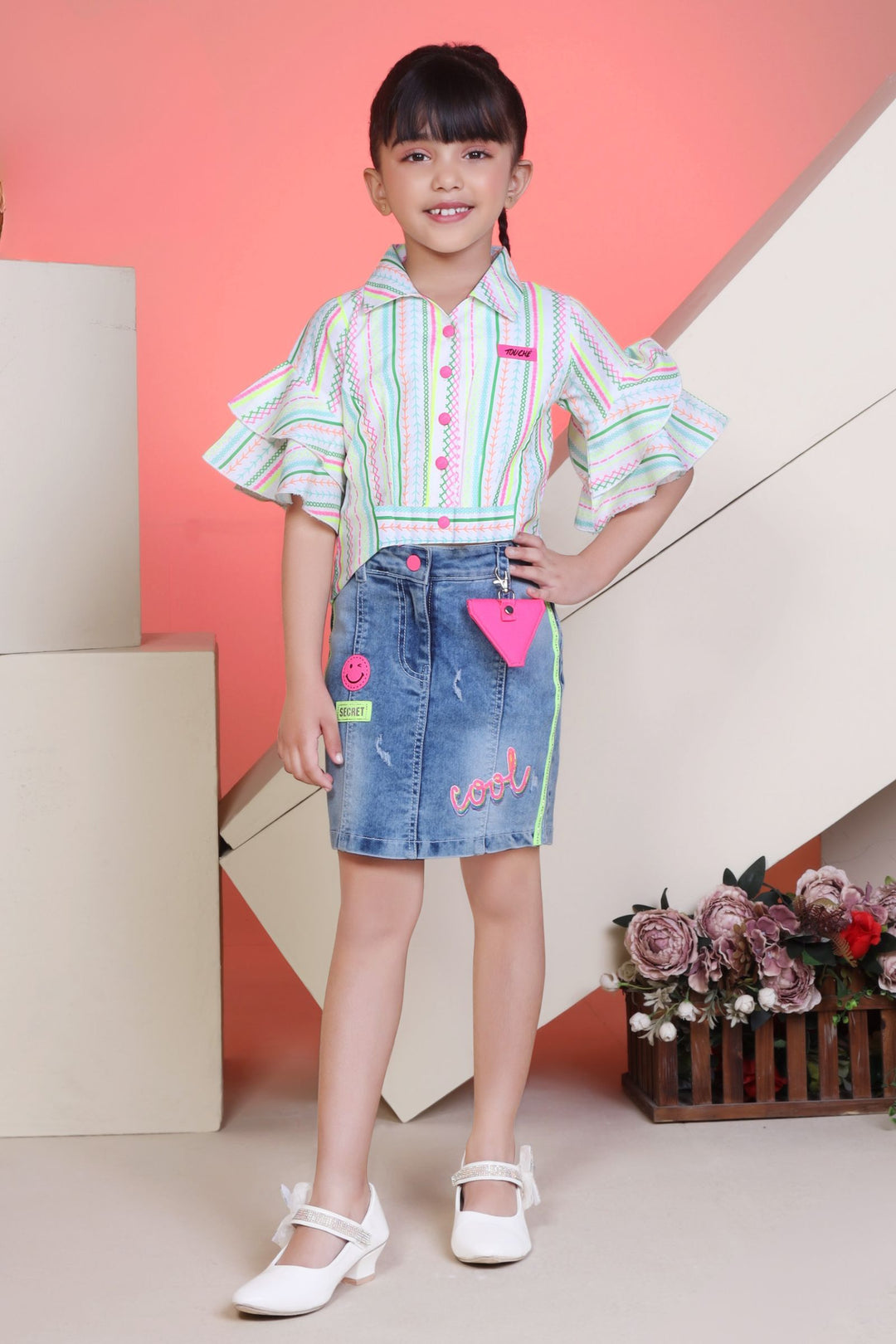 Blue with Beige Multicolor Printed Top and Skirt for Girls