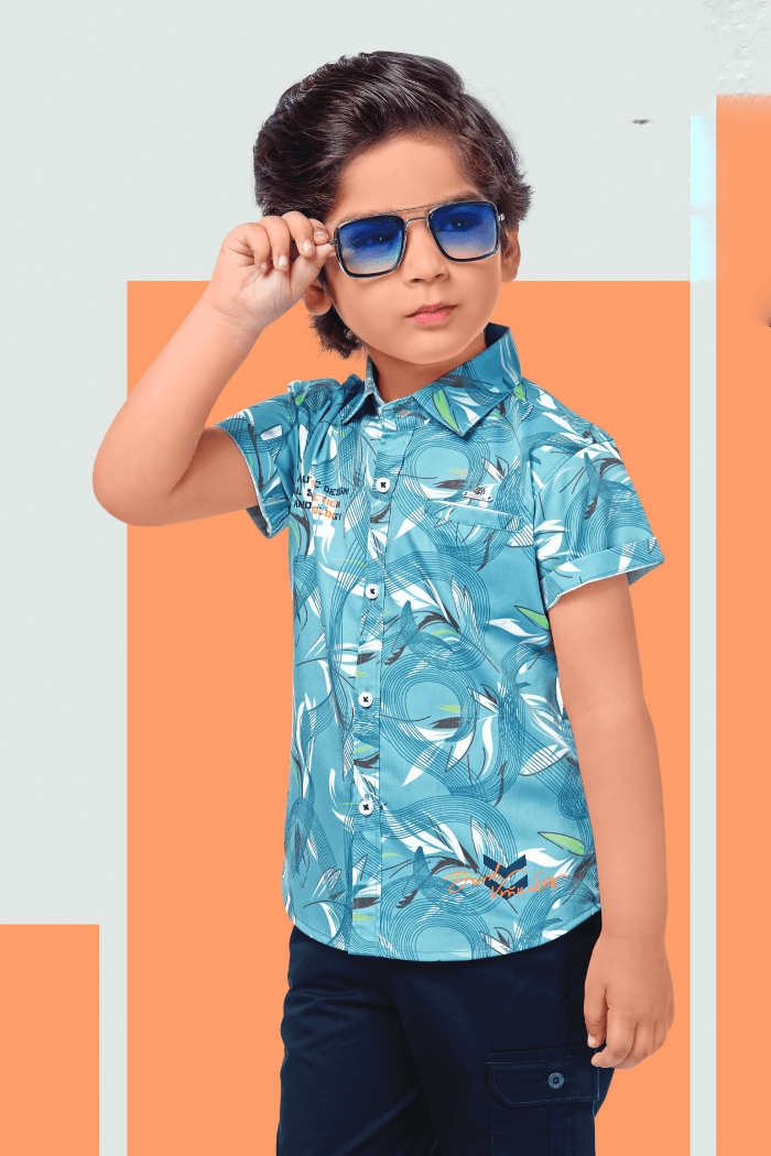 Blue and Navy Blue Printed Casual wear 3/4th Shorts and Shirt Set for Boys with Belt - Seasons Chennai